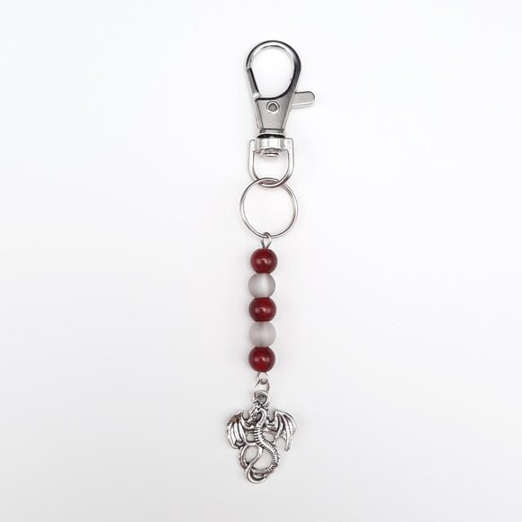 Red & Gray Beaded Silver Dragon Gothic Keychain Handmade Accessory - Picture 1 of 7